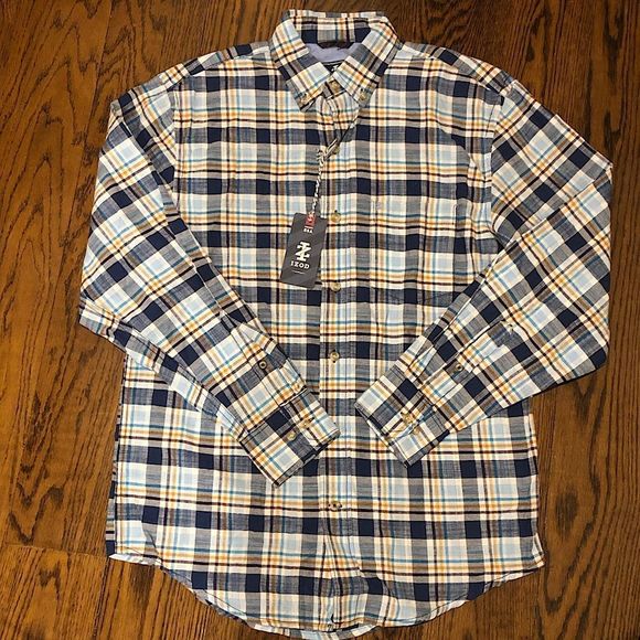 IZOD Men’s Blue Tan Brown Plaid Long Sleeve Button Down Shirt Sz Small NWT - Picture 5 of 6